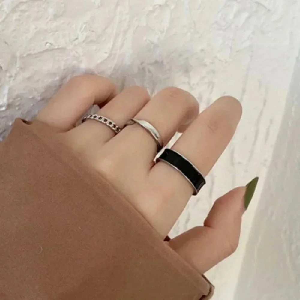 Minimalist Silver Chain Twisted Wave Ring Set of 3